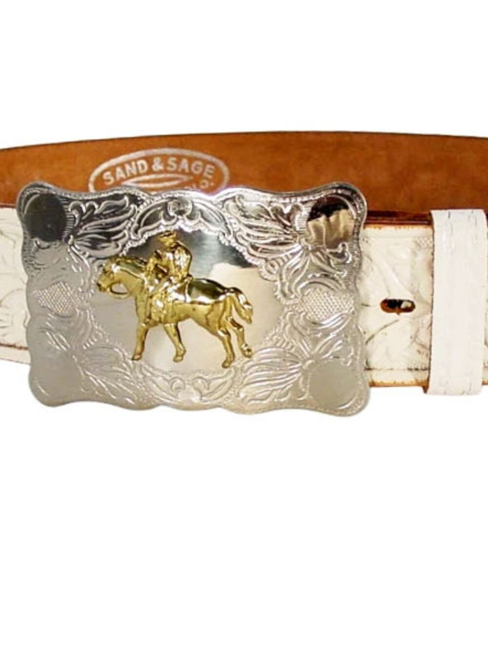 SAND & SAGE Denver Colo Vintage 70's Tooled Western Belt Nickel Silver Buckle 30